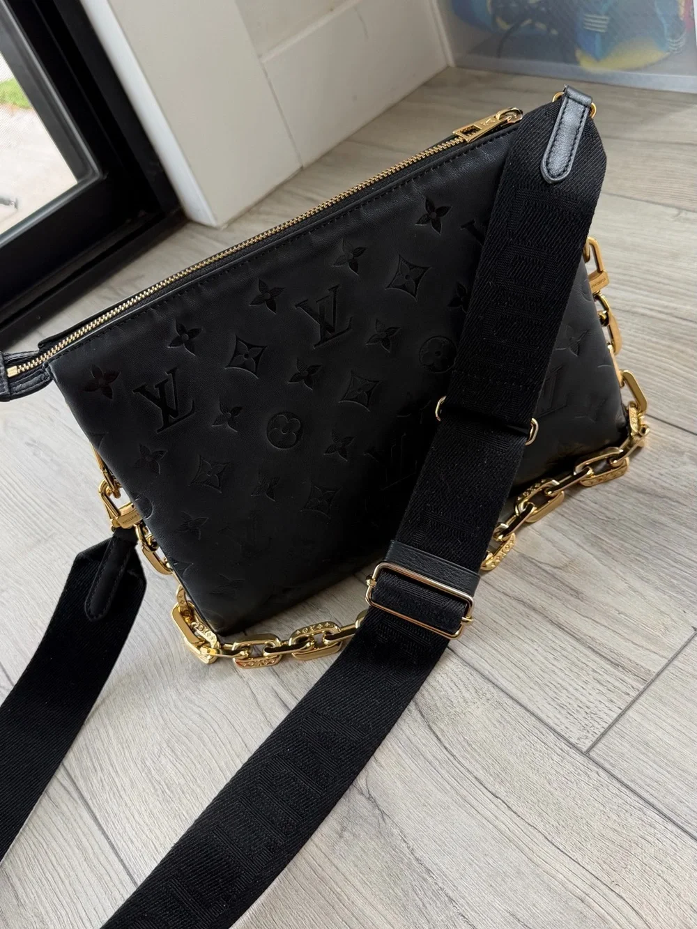 Louis Vuitton Black Monogram Embossed Crossbody with Gold Chain Strap
